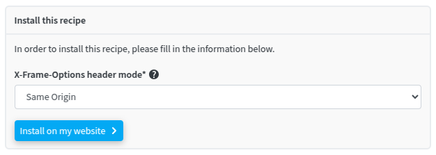 The X-Frame-Options recipe installation interface in redirection.io