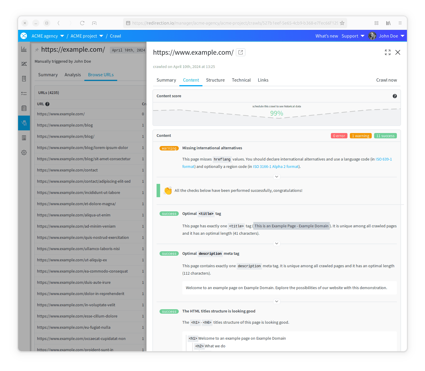 Crawl - Analysis - URL details - Content tab