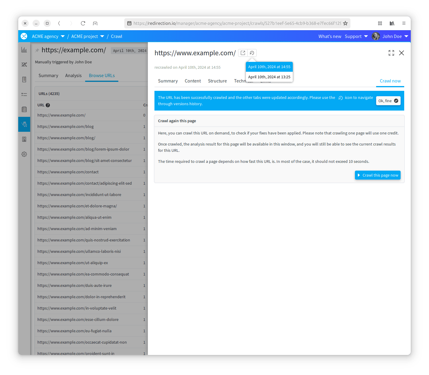 Crawl - Analysis - URL details - Crawl single URL