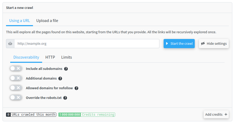 Custom crawl settings