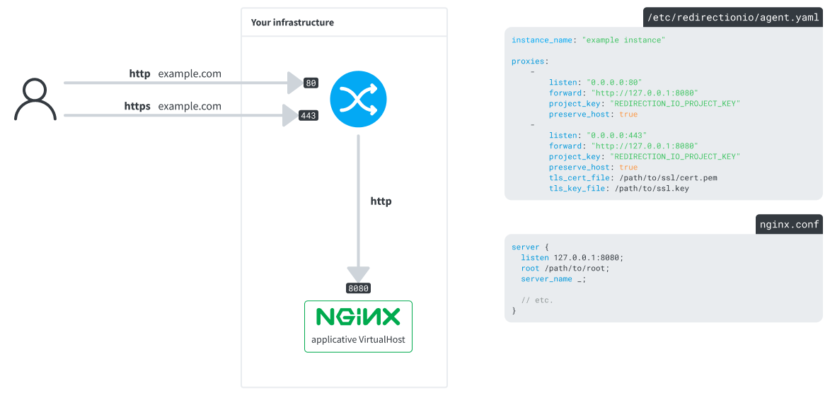 a nginx VirtualHost using the redirection.io module to observe traffic