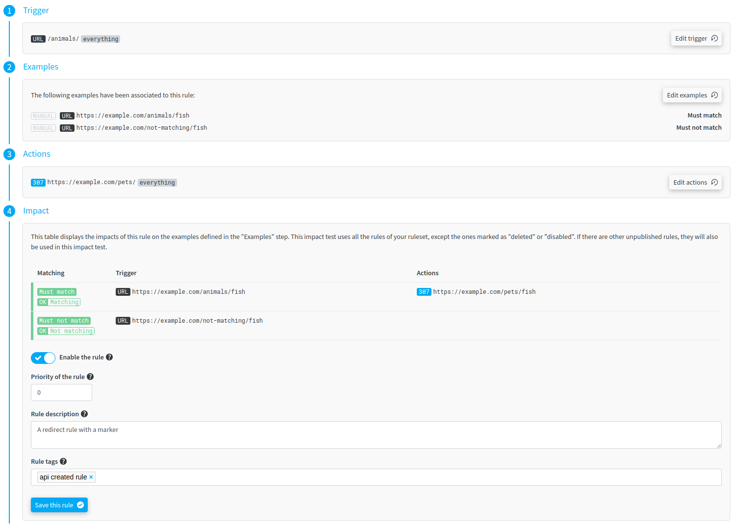 A redirect rule with a marker, created using the redirection.io public API