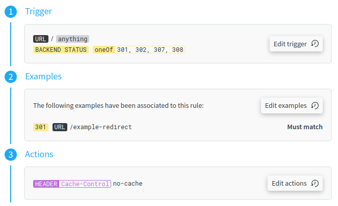 Example redirection.io rule that disables all redirects caching