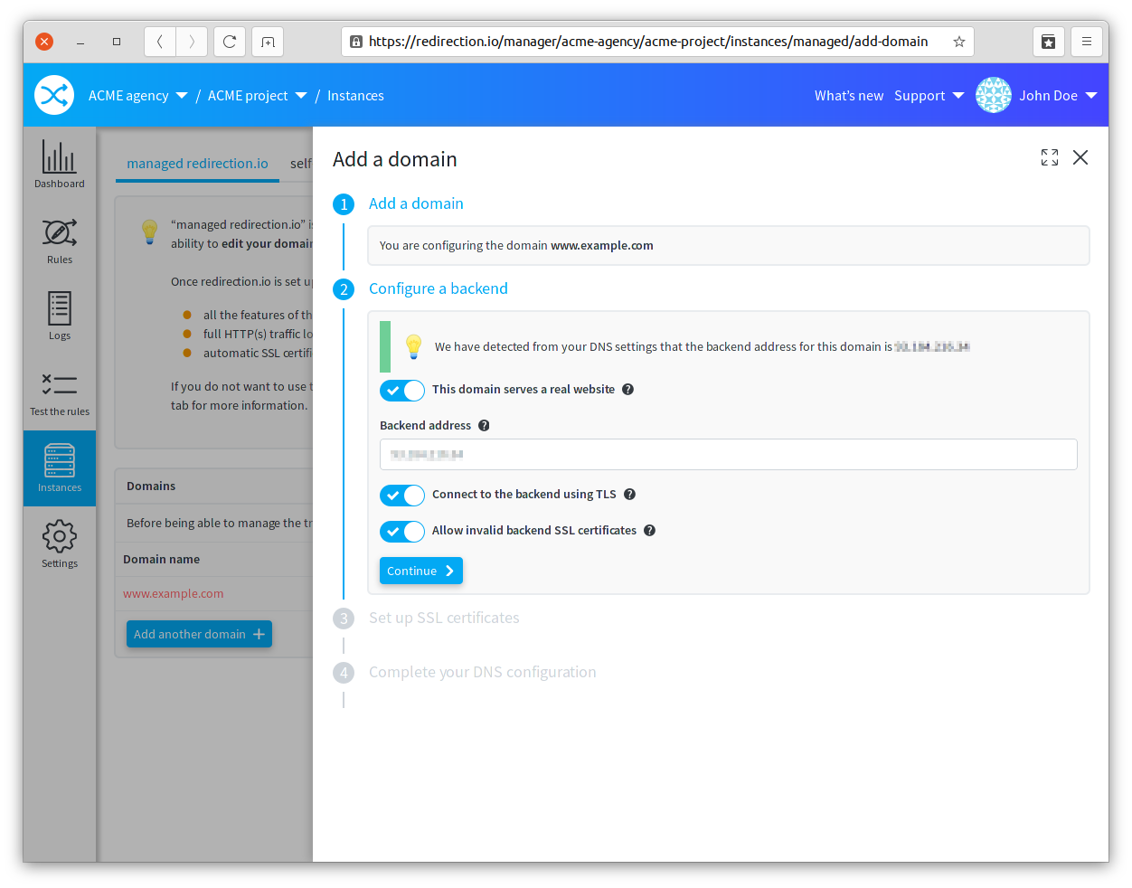 Configuration of a backend address in a redirection.io managed domain