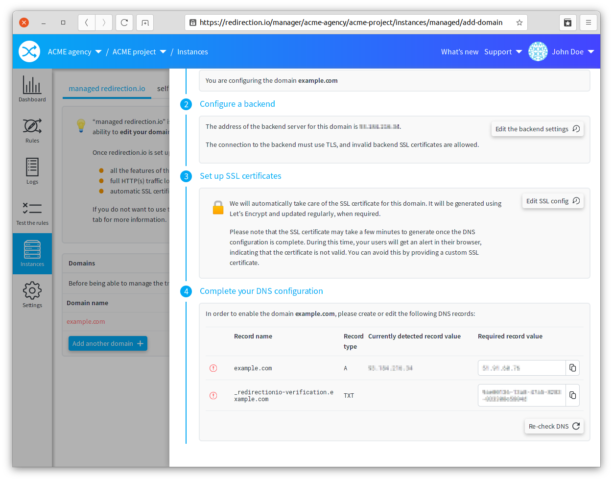 Adding a website to redirection.io managed instances takes a few steps