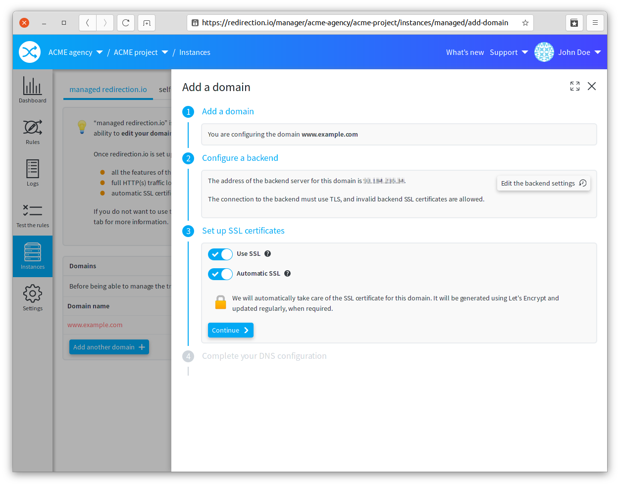 A domain being added to the redirection.io managed instances