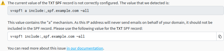 The warning displayed when there might be an issue with the domain SPF record
