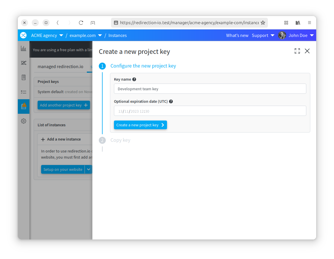 The new project key creation form