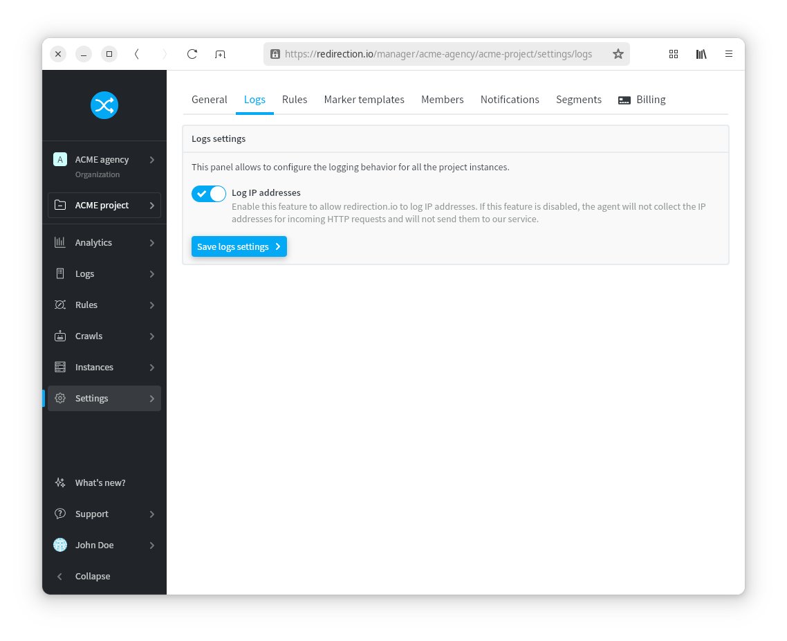 Log settings allow to enable IP addresses logging
