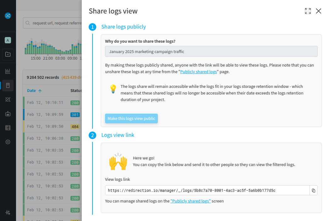 The publibly shared logs link, that can be shared with anyone