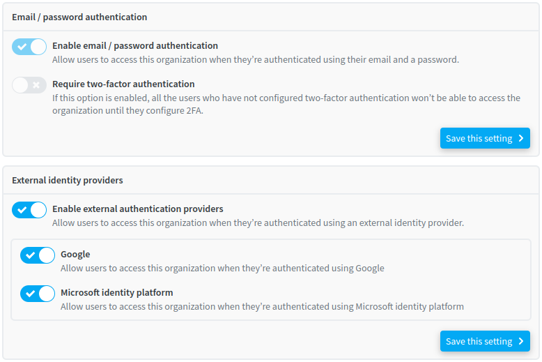 The organization security settings