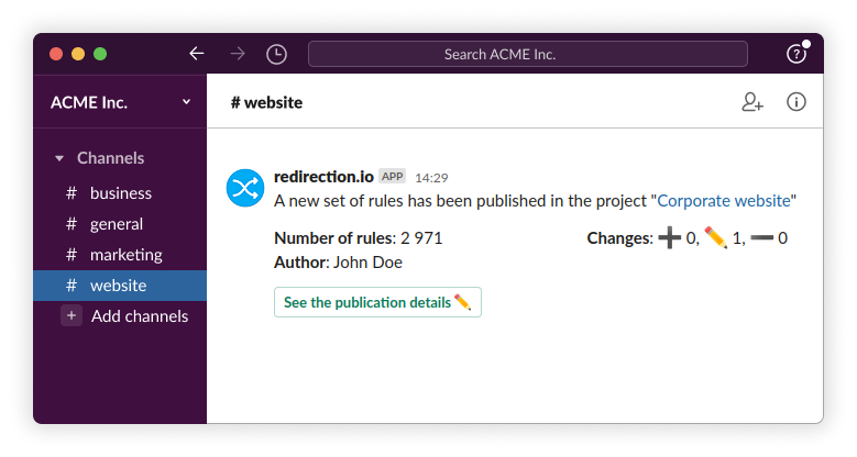 An example Slack rule publication notification