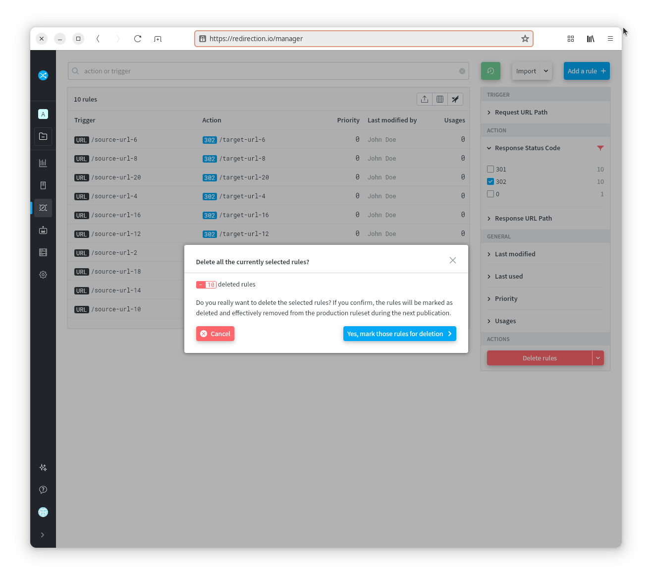 Confirmation modal before marking rules to be deleted