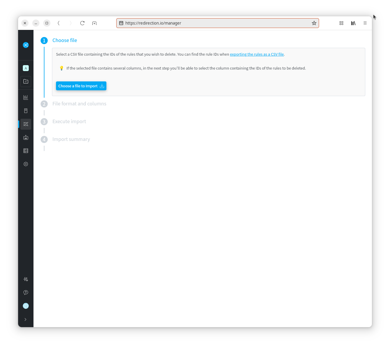 Choose a CSV file containing the IDs of the rules to delete