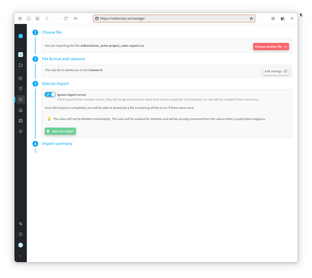 Start the import of the rules deletion file