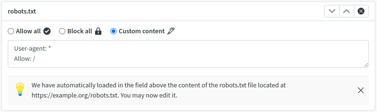 robots.txt management action with a pre-loaded robots.txt content