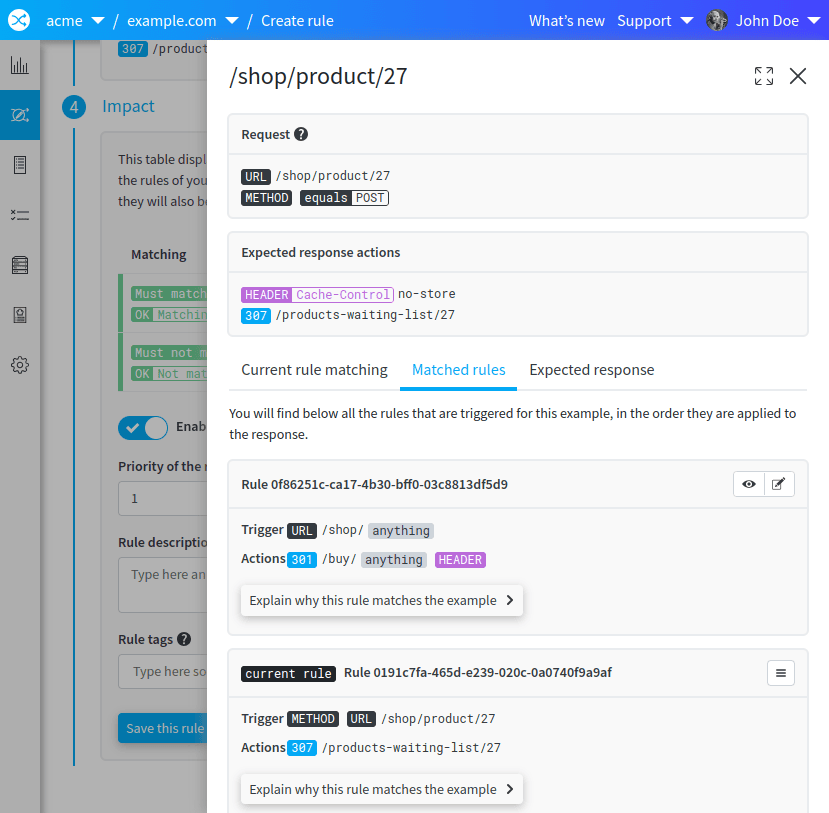 redirection.io can show which rules will be triggered by a given request