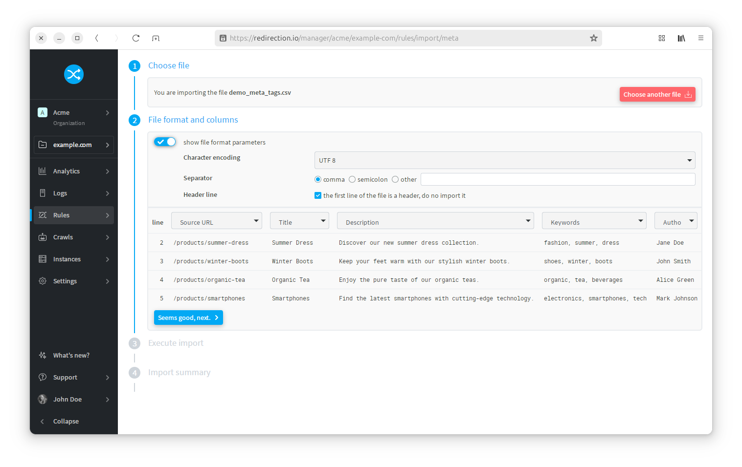 "File format and columns" section of the meta tags import