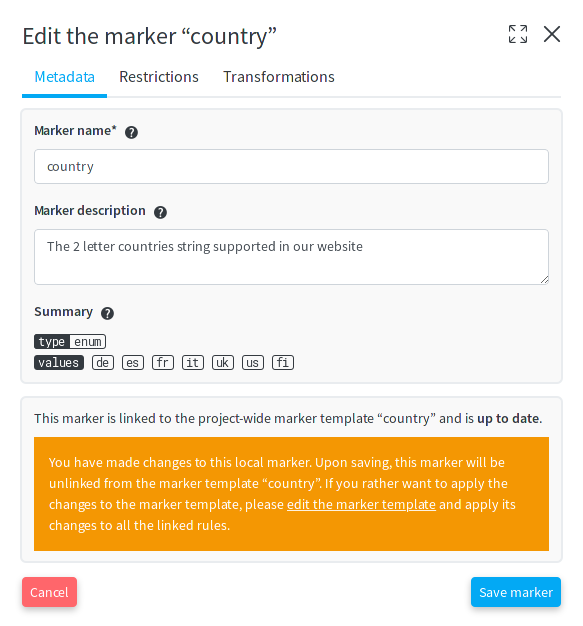 Unlink a marker instance from the associated marker template