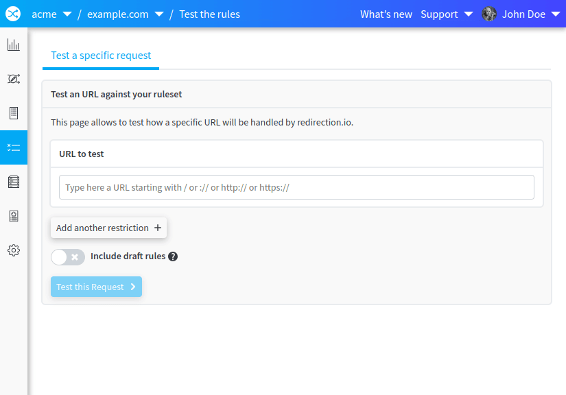 Testing a specific request is possible in redirection.io