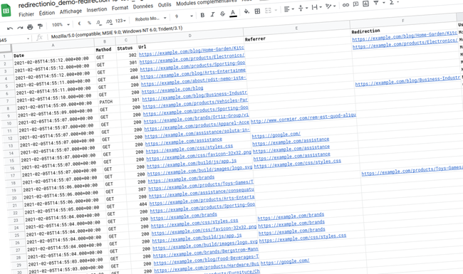 Un fichier de logs HTTP exporté depuis redirection.io