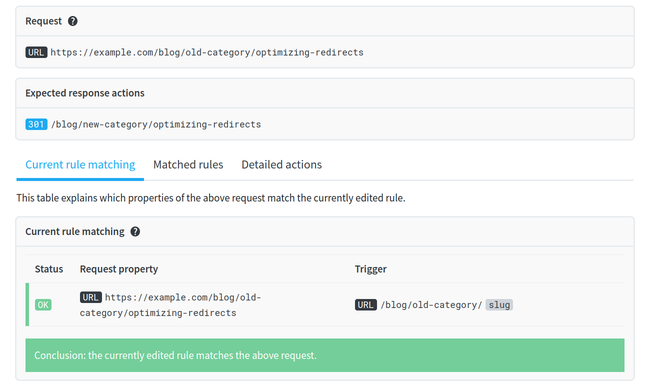 The impact panel validates the redirect rule against example requests