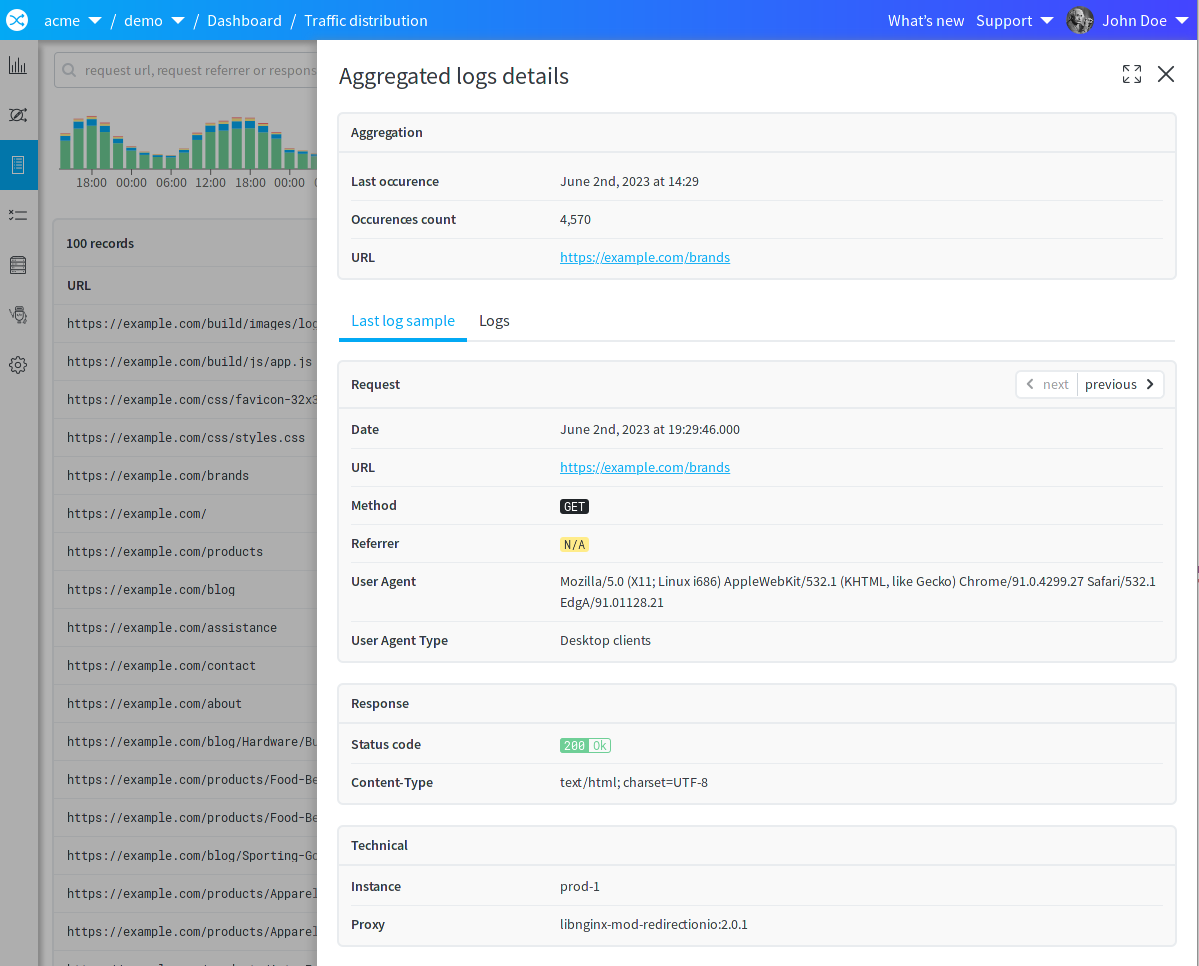 a view of the newly introduced aggregated logs details panel