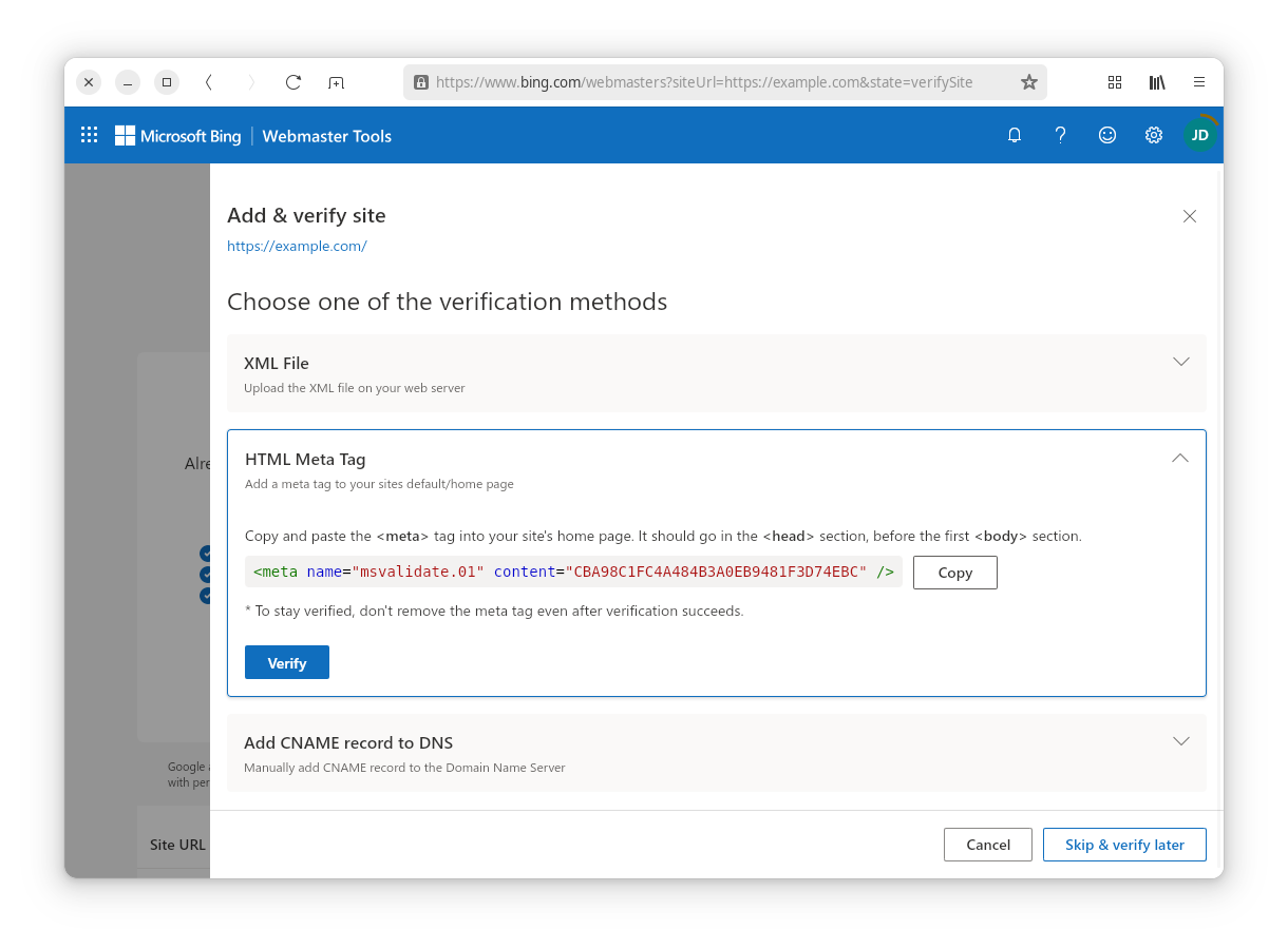 Choisissez la méthode de validation "HTML Tag"